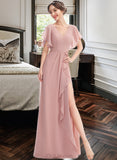 Kaleigh A-Line V-neck Floor-Length Bridesmaid Dress With Ruffle Split Front UKP0012923