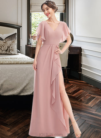 Kaleigh A-Line V-neck Floor-Length Bridesmaid Dress With Ruffle Split Front UKP0012923