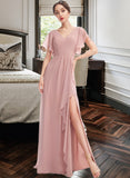 Kaleigh A-Line V-neck Floor-Length Bridesmaid Dress With Ruffle Split Front UKP0012923