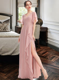 Kaleigh A-Line V-neck Floor-Length Bridesmaid Dress With Ruffle Split Front UKP0012923