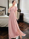 Kaleigh A-Line V-neck Floor-Length Bridesmaid Dress With Ruffle Split Front UKP0012923