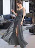 Jordyn A-Line V-neck Floor-Length Bridesmaid Dress With Ruffle Beading Split Front UKP0012926