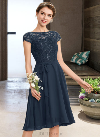 Kaylah A-Line Scoop Neck Knee-Length Chiffon Lace Bridesmaid Dress With Sequins Bow(s) UKP0012929