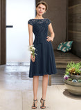 Kaylah A-Line Scoop Neck Knee-Length Chiffon Lace Bridesmaid Dress With Sequins Bow(s) UKP0012929