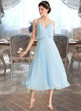 Livia A-line V-Neck Tea-Length Chiffon Bridesmaid Dress With Pleated UKP0012930