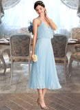 Livia A-line V-Neck Tea-Length Chiffon Bridesmaid Dress With Pleated UKP0012930