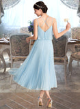 Livia A-line V-Neck Tea-Length Chiffon Bridesmaid Dress With Pleated UKP0012930