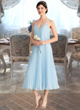 Livia A-line V-Neck Tea-Length Chiffon Bridesmaid Dress With Pleated UKP0012930