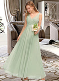 Josie A-Line V-neck Floor-Length Chiffon Bridesmaid Dress With Ruffle Split Front UKP0012933