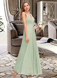 Josie A-Line V-neck Floor-Length Chiffon Bridesmaid Dress With Ruffle Split Front UKP0012933