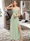 Josie A-Line V-neck Floor-Length Chiffon Bridesmaid Dress With Ruffle Split Front UKP0012933