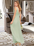 Josie A-Line V-neck Floor-Length Chiffon Bridesmaid Dress With Ruffle Split Front UKP0012933