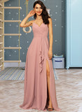 Willa A-Line V-neck Floor-Length Chiffon Bridesmaid Dress With Ruffle Split Front UKP0012936