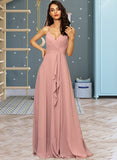 Willa A-Line V-neck Floor-Length Chiffon Bridesmaid Dress With Ruffle Split Front UKP0012936