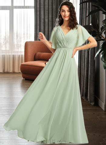 Melinda A-Line V-neck Floor-Length Bridesmaid Dress With Ruffle UKP0012940