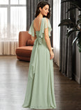 Melinda A-Line V-neck Floor-Length Bridesmaid Dress With Ruffle UKP0012940