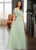 Melinda A-Line V-neck Floor-Length Bridesmaid Dress With Ruffle UKP0012940