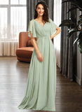 Melinda A-Line V-neck Floor-Length Bridesmaid Dress With Ruffle UKP0012940