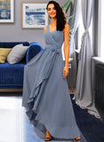 Kaylyn A-Line V-neck Asymmetrical Chiffon Bridesmaid Dress With Ruffle Bow(s) UKP0012942