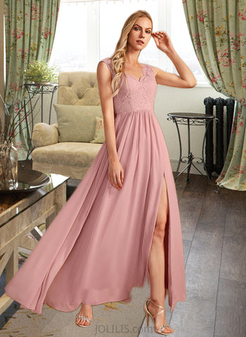 Leslie A-Line V-neck Floor-Length Bridesmaid Dress With Split Front Pockets UKP0012943