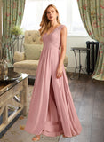 Leslie A-Line V-neck Floor-Length Bridesmaid Dress With Split Front Pockets UKP0012943