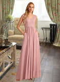 Leslie A-Line V-neck Floor-Length Bridesmaid Dress With Split Front Pockets UKP0012943