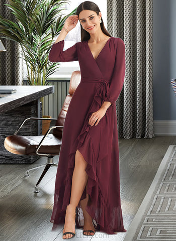 Giuliana A-Line V-neck Asymmetrical Bridesmaid Dress With Ruffle Split Front UKP0012945