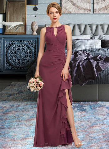 Mira A-Line Scoop Neck Floor-Length Chiffon Bridesmaid Dress With Split Front Cascading Ruffles UKP0012947