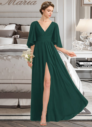 Dominique A-Line V-neck Floor-Length Chiffon Bridesmaid Dress With Ruffle Bow(s) Split Front UKP0012948