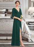 Dominique A-Line V-neck Floor-Length Chiffon Bridesmaid Dress With Ruffle Bow(s) Split Front UKP0012948