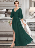 Dominique A-Line V-neck Floor-Length Chiffon Bridesmaid Dress With Ruffle Bow(s) Split Front UKP0012948