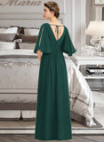 Dominique A-Line V-neck Floor-Length Chiffon Bridesmaid Dress With Ruffle Bow(s) Split Front UKP0012948