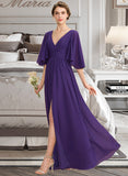 Dominique A-Line V-neck Floor-Length Chiffon Bridesmaid Dress With Ruffle Bow(s) Split Front UKP0012948