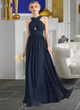 Vivienne A-line V-Neck Sweep Train Chiffon Bridesmaid Dress With Ruffle UKP0012949