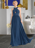 Vivienne A-line V-Neck Sweep Train Chiffon Bridesmaid Dress With Ruffle UKP0012949