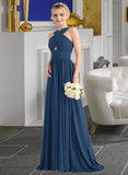 Vivienne A-line V-Neck Sweep Train Chiffon Bridesmaid Dress With Ruffle UKP0012949