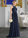 Vivienne A-line V-Neck Sweep Train Chiffon Bridesmaid Dress With Ruffle UKP0012949