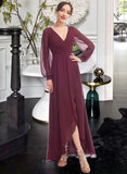 Jolie A-Line V-neck Asymmetrical Bridesmaid Dress With Ruffle UKP0012954