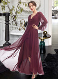 Jolie A-Line V-neck Asymmetrical Bridesmaid Dress With Ruffle UKP0012954