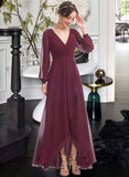 Jolie A-Line V-neck Asymmetrical Bridesmaid Dress With Ruffle UKP0012954