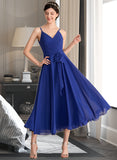 Dixie A-Line V-neck Tea-Length Chiffon Bridesmaid Dress With Ruffle Bow(s) UKP0012958