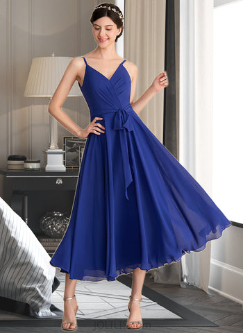 Dixie A-Line V-neck Tea-Length Chiffon Bridesmaid Dress With Ruffle Bow(s) UKP0012958