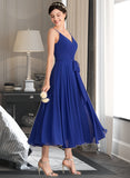 Dixie A-Line V-neck Tea-Length Chiffon Bridesmaid Dress With Ruffle Bow(s) UKP0012958