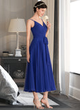 Dixie A-Line V-neck Tea-Length Chiffon Bridesmaid Dress With Ruffle Bow(s) UKP0012958