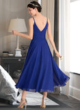 Dixie A-Line V-neck Tea-Length Chiffon Bridesmaid Dress With Ruffle Bow(s) UKP0012958