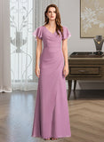 Jaelynn Sheath/Column V-neck Floor-Length Bridesmaid Dress With Ruffle UKP0012960