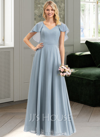 Monserrat A-line V-Neck Floor-Length Chiffon Bridesmaid Dress With Cascading Ruffles UKP0012962