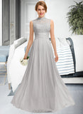 Johanna A-line High Neck Floor-Length Chiffon Lace Bridesmaid Dress With Ruffle UKP0012966