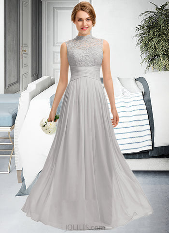 Johanna A-line High Neck Floor-Length Chiffon Lace Bridesmaid Dress With Ruffle UKP0012966