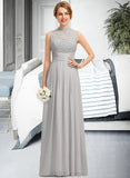 Johanna A-line High Neck Floor-Length Chiffon Lace Bridesmaid Dress With Ruffle UKP0012966